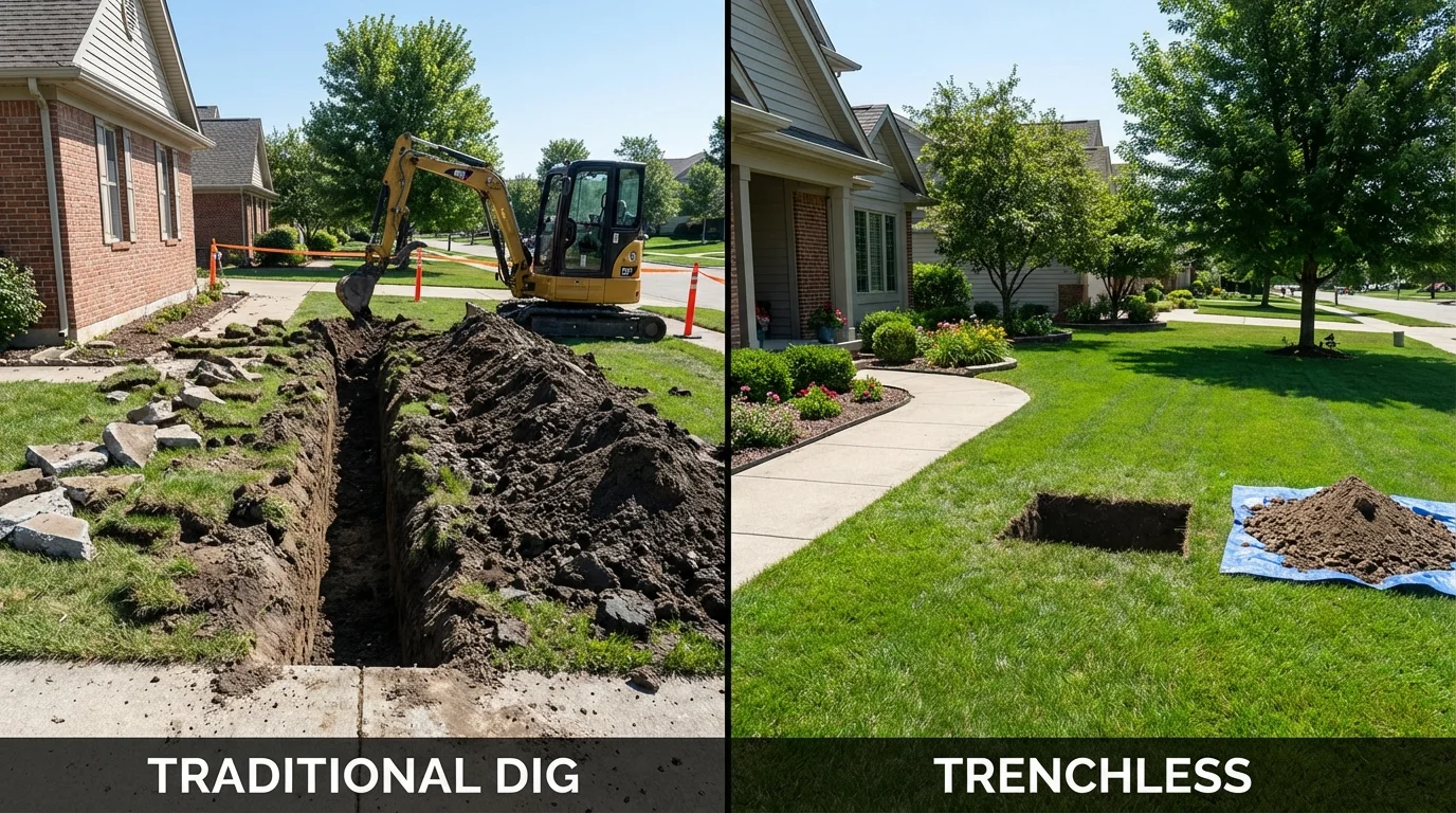 Trenchless sewer repair with minimal yard damage versus traditional excavation in Hurley, NY