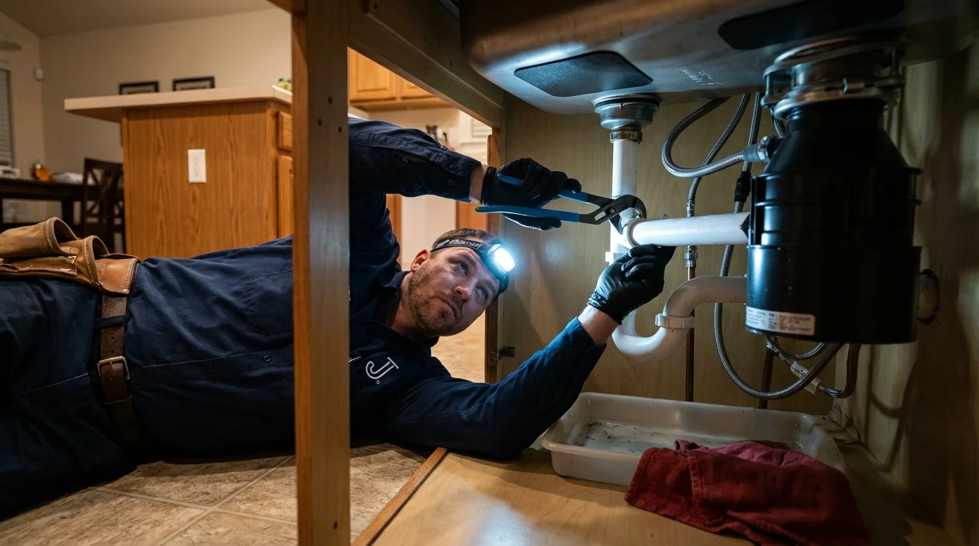 P-trap and supply line connections under a kitchen sink showing a common leak point in Hurley, NY